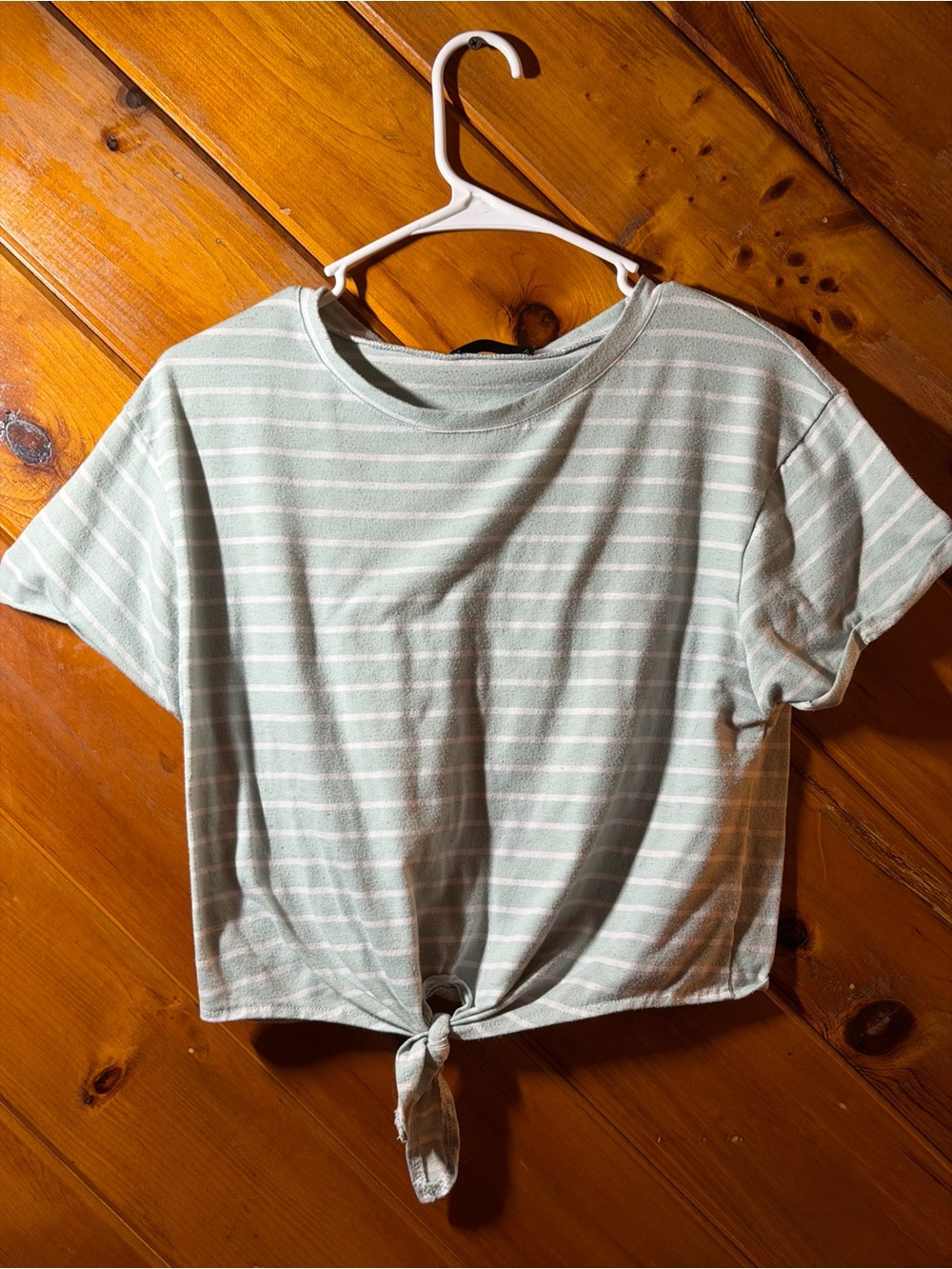 SHEIN Mint and White Striped Tie-Front Crop Top